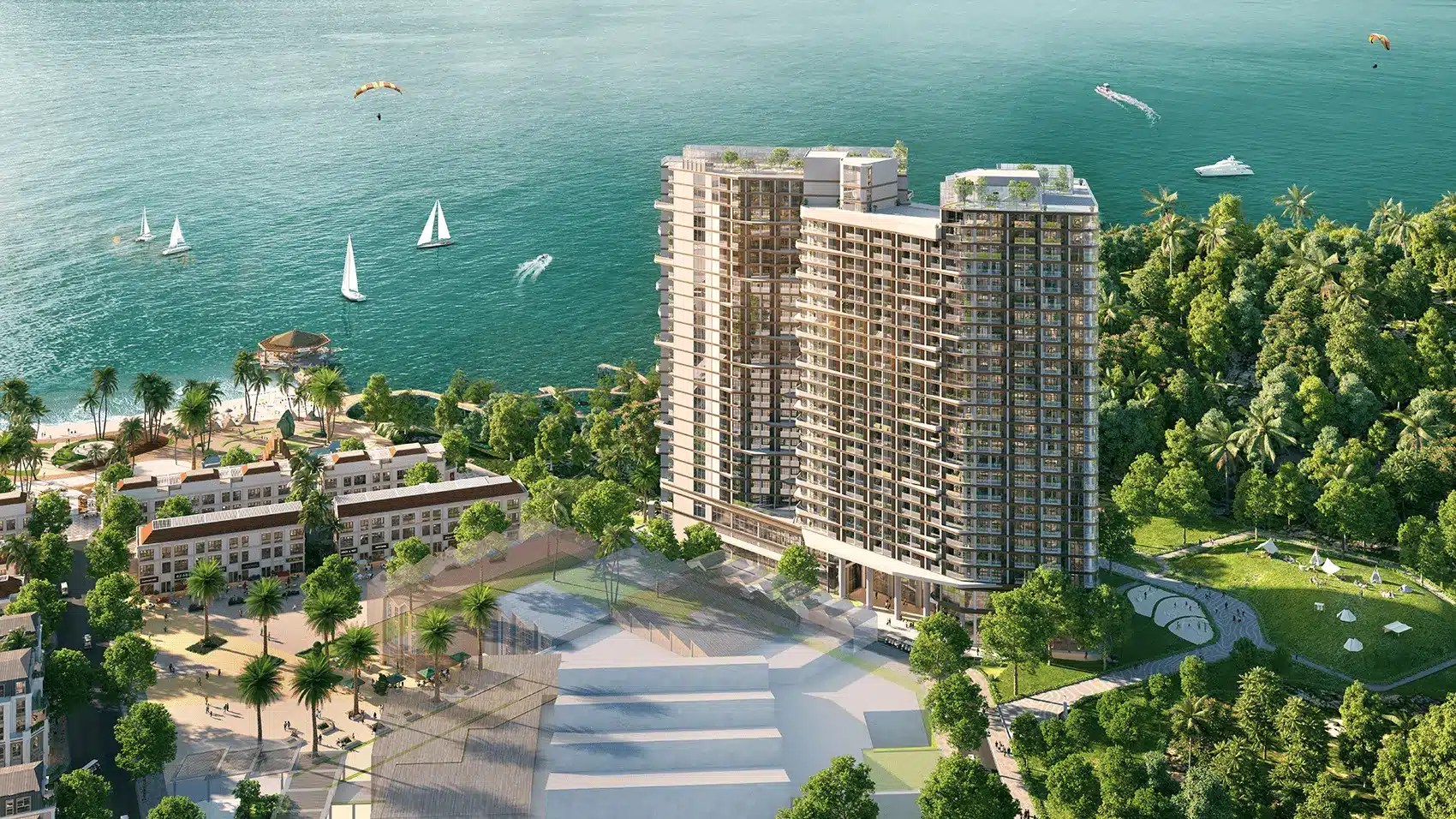 Toàn cảnh dự án Xanh Island Cát Bà với kiến trúc hiện đại, không gian xanh mát và bãi biển tuyệt đẹp.