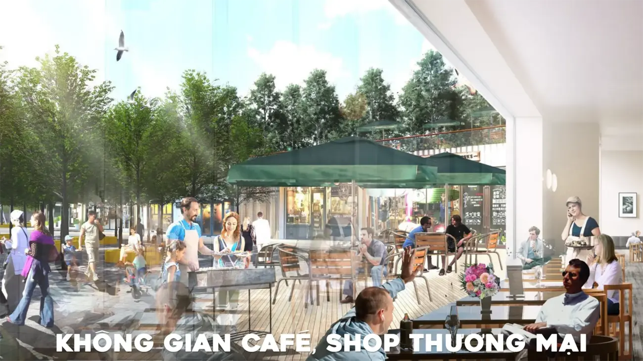 Không gian cà phê và mua sắm thương mại hiện đại, thoáng đãng và gần gũi thiên nhiên.