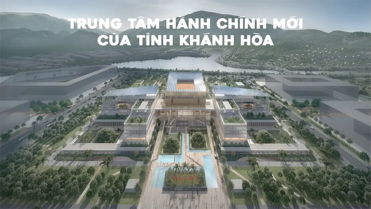 Trung tâm hành chính mới của tỉnh Khánh Hòa nhìn từ trên cao, nổi bật với kiến trúc hiện đại và bối cảnh thiên nhiên hùng vĩ.