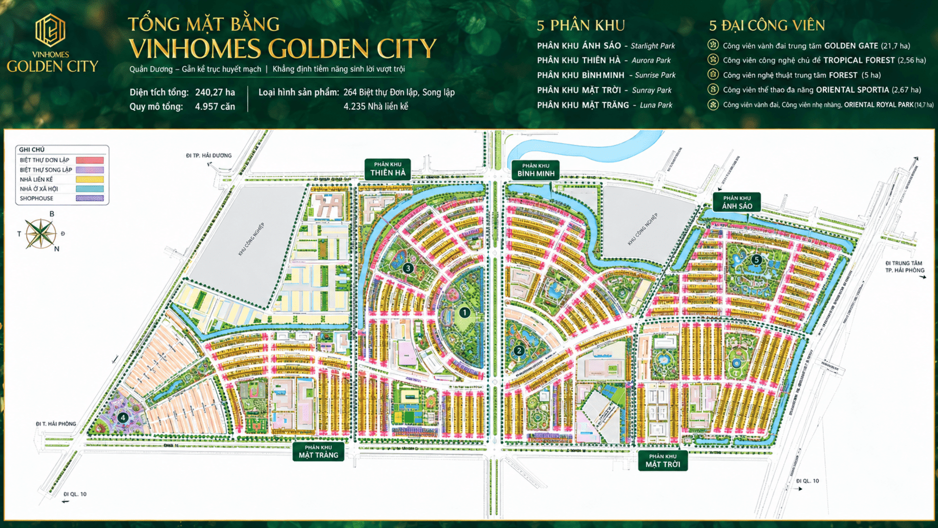 Bản vẽ mặt bằng tổng thể dự án Vinhomes Golden City thể hiện quy hoạch hạ tầng đồng bộ, sự phân bổ hài hòa giữa các phân khu nhà ở, tiện ích đẳng cấp cùng hệ thống cảnh quan xanh đắt giá. Mặt bằng tổng thể dự án Vinhomes Golden City Dương Kinh với quy mô lên đến 240,57 ha tại Quận Dương Kinh, TP Hải Phòng