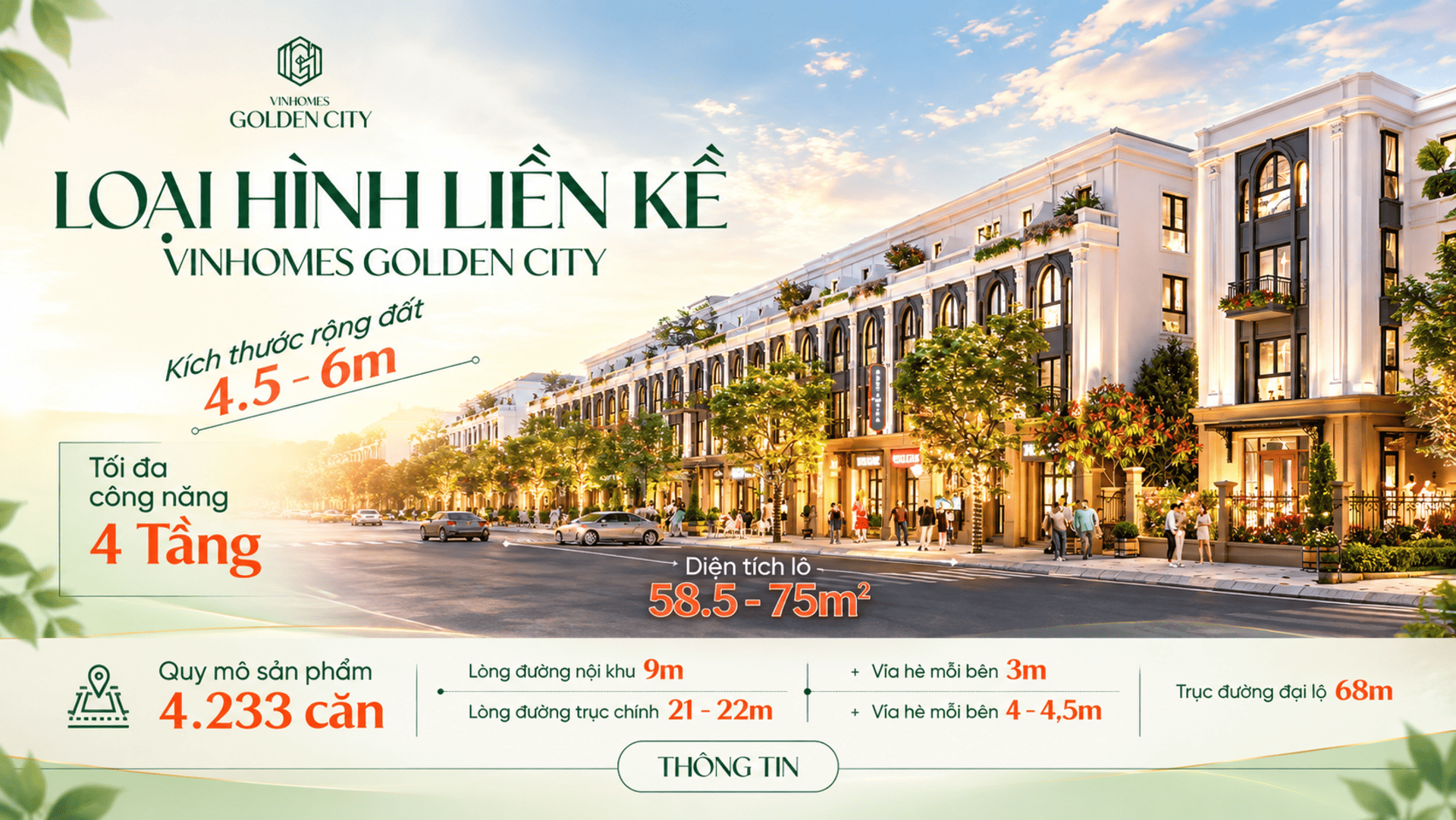 Bố trí công năng nhà phố liền kề Vinhomes Golden City tối ưu diện tích sinh hoạt với phòng khách hiện đại, bếp tiện nghi, các phòng ngủ riêng tư cùng khoảng sân trước sau thoáng đãng cho gia đình. Mẫu thiết kế nhà liền kề sang trọng với mặt tiền thoáng đãng, kết nối hài hòa giữa không gian nội ngoại thất.