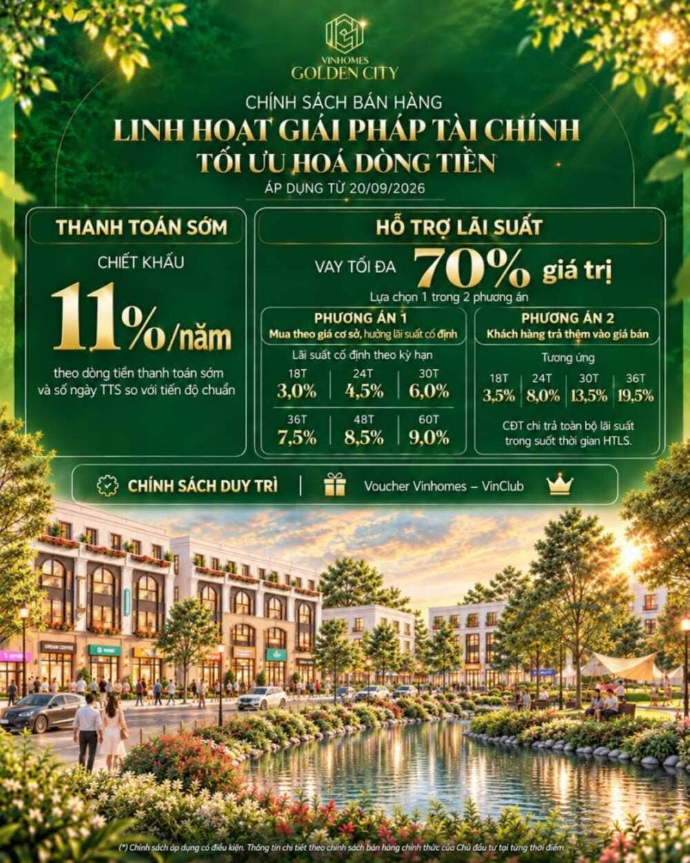 Chính sách bán hàng Vinhomes Golden City nổi bật với ưu đãi chiết khấu thanh toán sớm 11%, hỗ trợ lãi suất 0% linh hoạt cùng nhiều chương trình quà tặng hấp dẫn dành riêng cho chủ nhân. Chính sách ưu đãi dự kiến giành cho khách hàng mua dự án Vinhomes Golden City Dương Kinh.