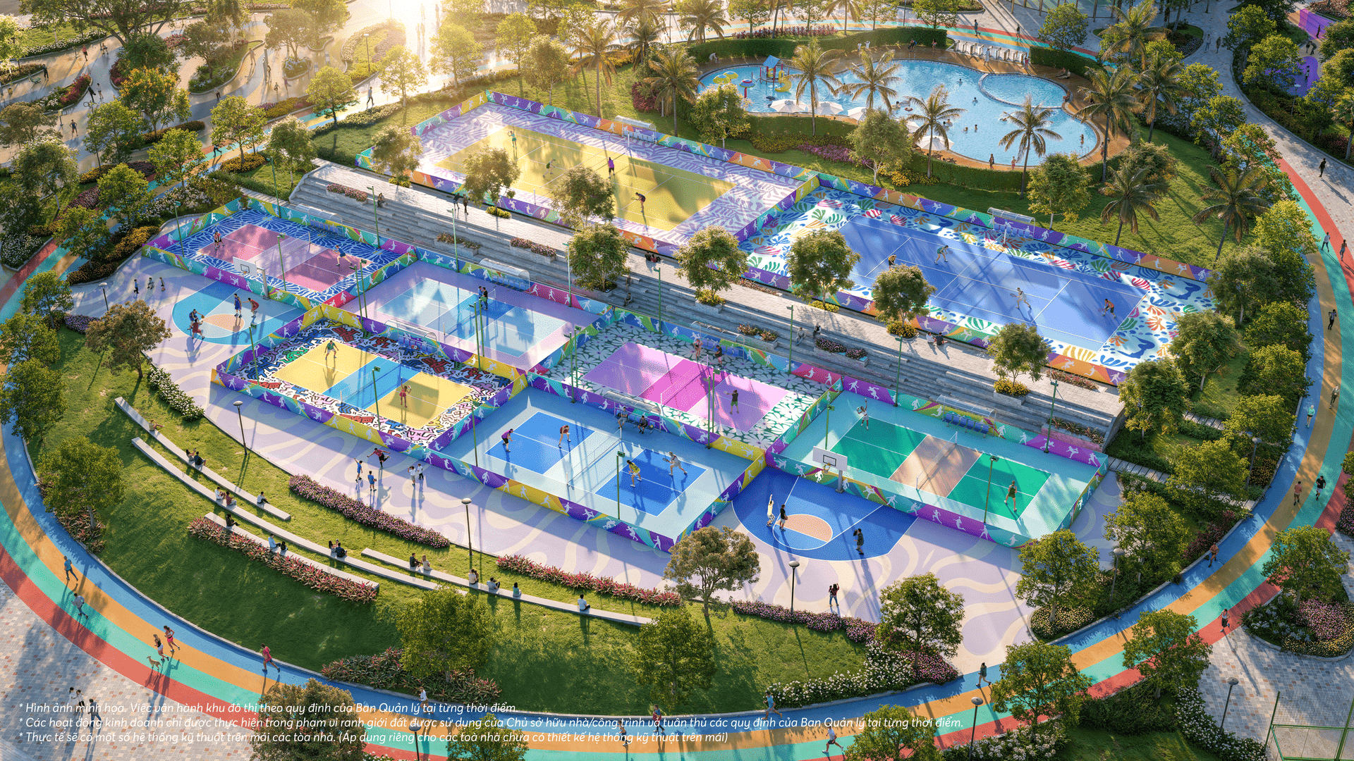 Phối cảnh Công viên Thể thao sắc màu Colorful Sportia Vinhomes Golden City nổi bật với không gian vận động tươi trẻ, chuỗi sân thể thao năng động, khuyến khích lối sống khỏe mạnh và kết nối cộng đồng văn minh.