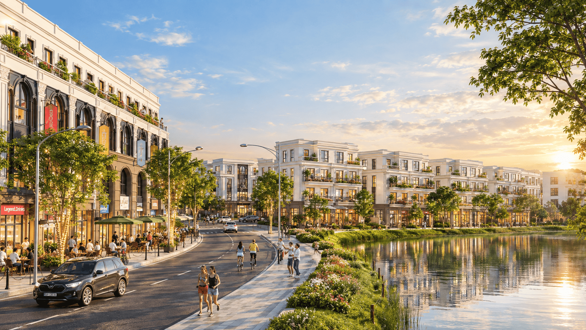 Hình ảnh phối cảnh nhà phố liền kề Vinhomes Golden City nổi bật với thiết kế kiến trúc hiện đại, đường nét tinh tế, mặt tiền thoáng đãng cùng không gian xanh mát kết nối hài hòa trước hiên nhà.