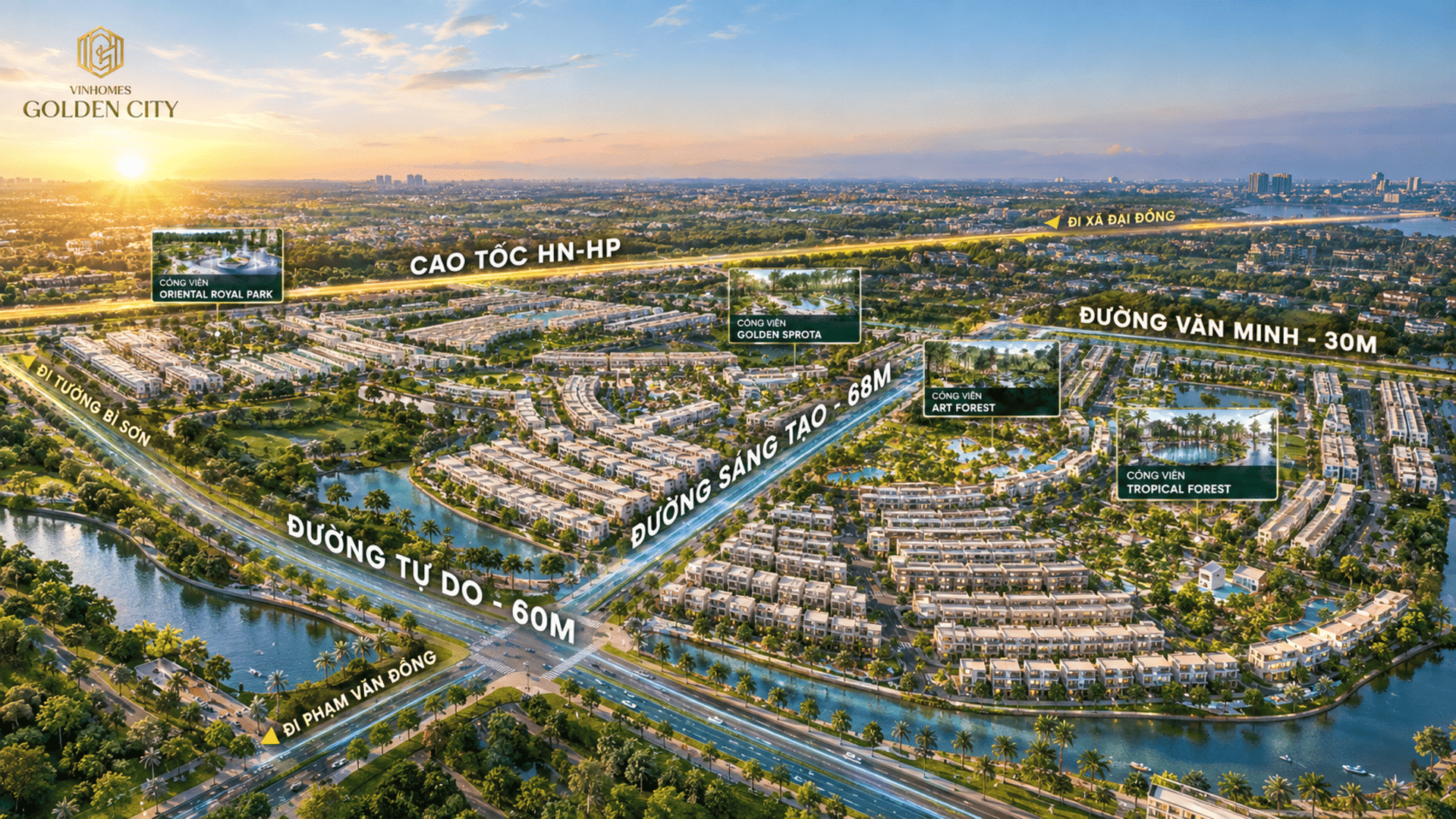Phối cảnh tổng thể dự án Vinhomes Golden City tái hiện không gian sống văn minh, hiện đại với quy hoạch đồng bộ, kiến trúc sang trọng cùng mật độ cây xanh và mặt nước bao phủ vô cùng rộng lớn. Vinhomes Golden City tiên phong áp dụng phong cách sống 360 Green-Living (Sống Xanh toàn diện) tại Hải Phòng
