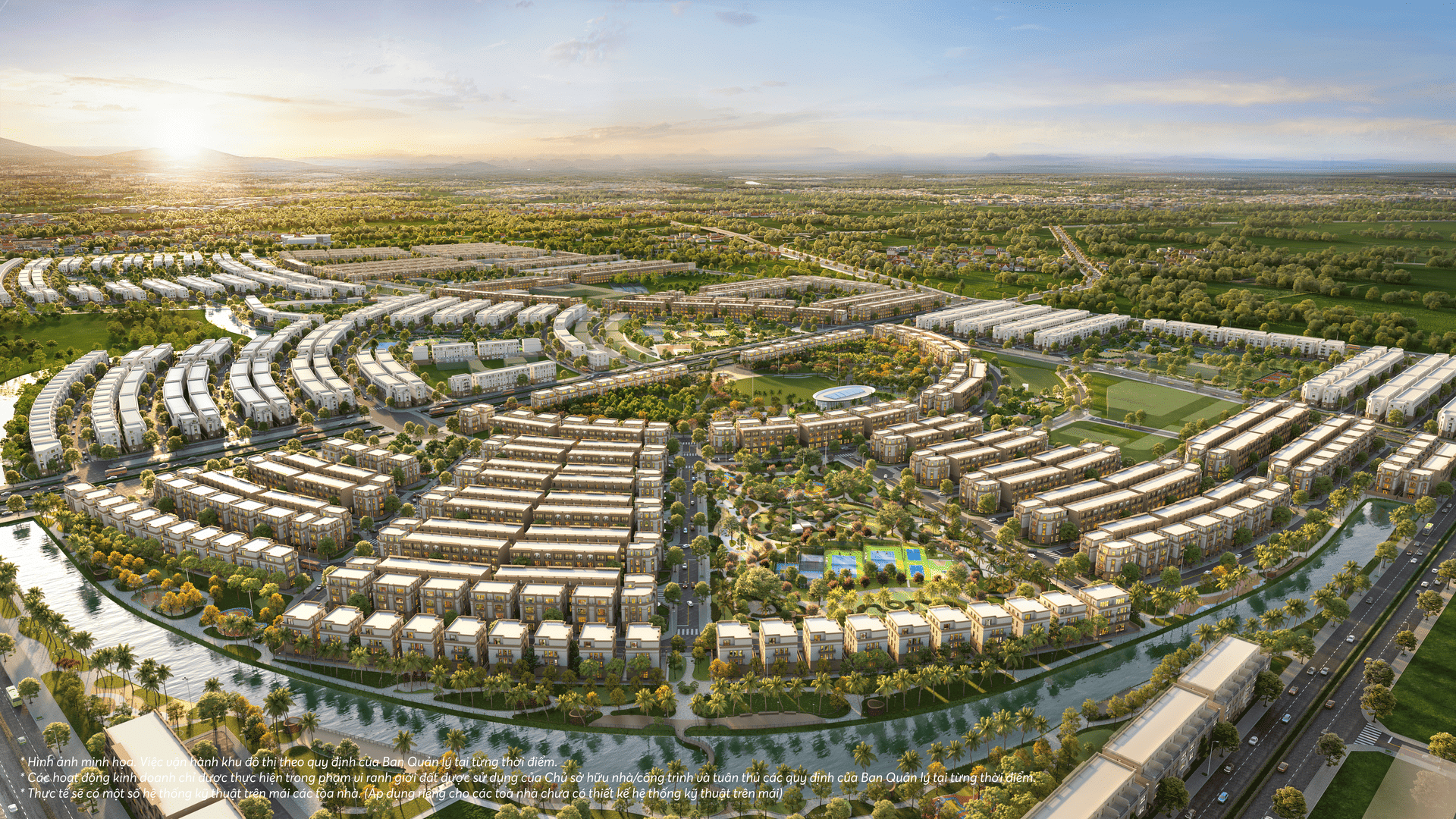 Phối cảnh tổng thể hệ thống công viên tại Vinhomes Golden City sở hữu diện tích thảm xanh rộng lớn, tích hợp đa dạng tiện ích thể thao, vui chơi và đường dạo bộ, mang đến không gian sống sinh thái trong lành. Hệ sinh thái tiện ích 360 Green-Living đẳng cấp hội tụ trọn vẹn cảnh quan xanh mát cùng chuỗi tiện nghi hiện đại bậc nhất.