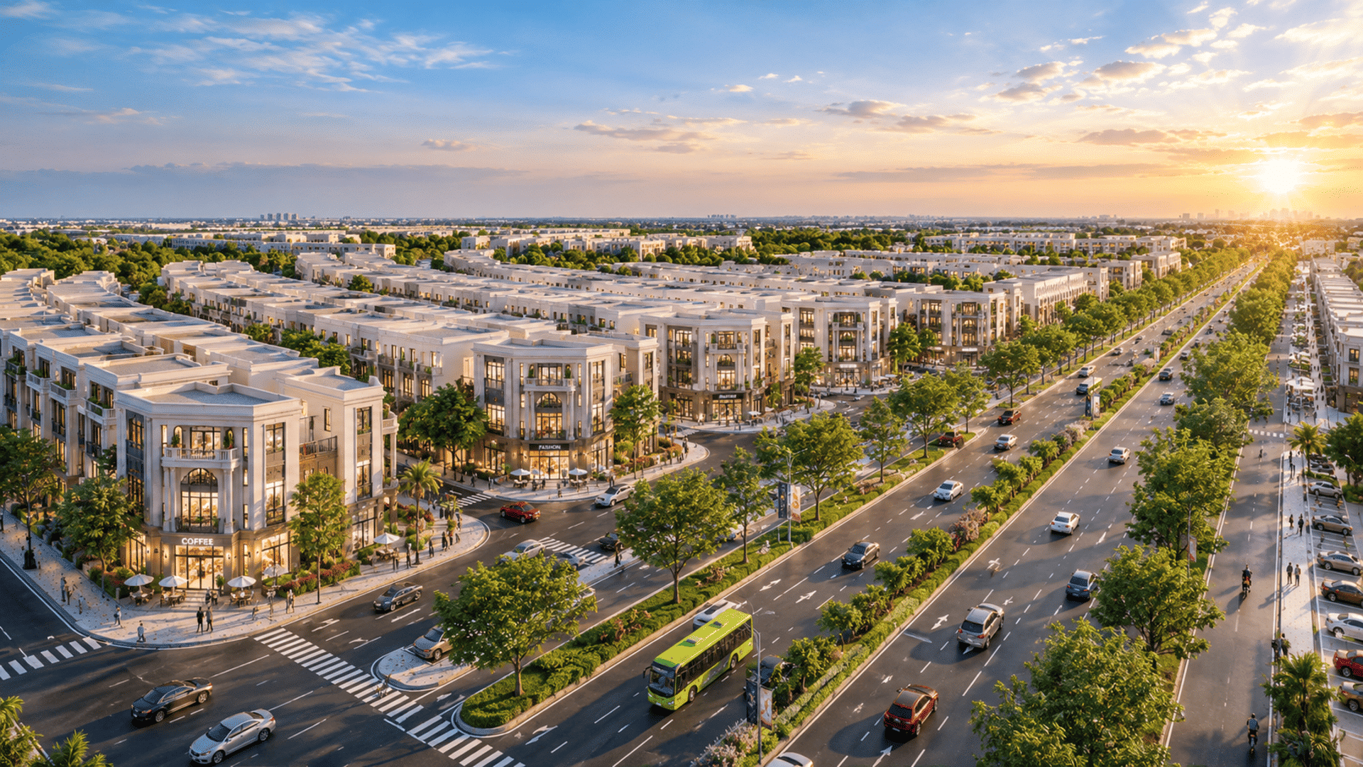 Phối cảnh tuyến đường đại lộ hiện đại 12 làn xe chạy tại Vinhomes Golden City khẳng định quy hoạch hạ tầng giao thông kết nối huyết mạch, mở ra tiềm năng thương mại và bứt phá giá trị bất động sản. Với vị trí đắc địa Vinhomes Golden City được bao bọc bởi 4 đại lộ cao tốc.