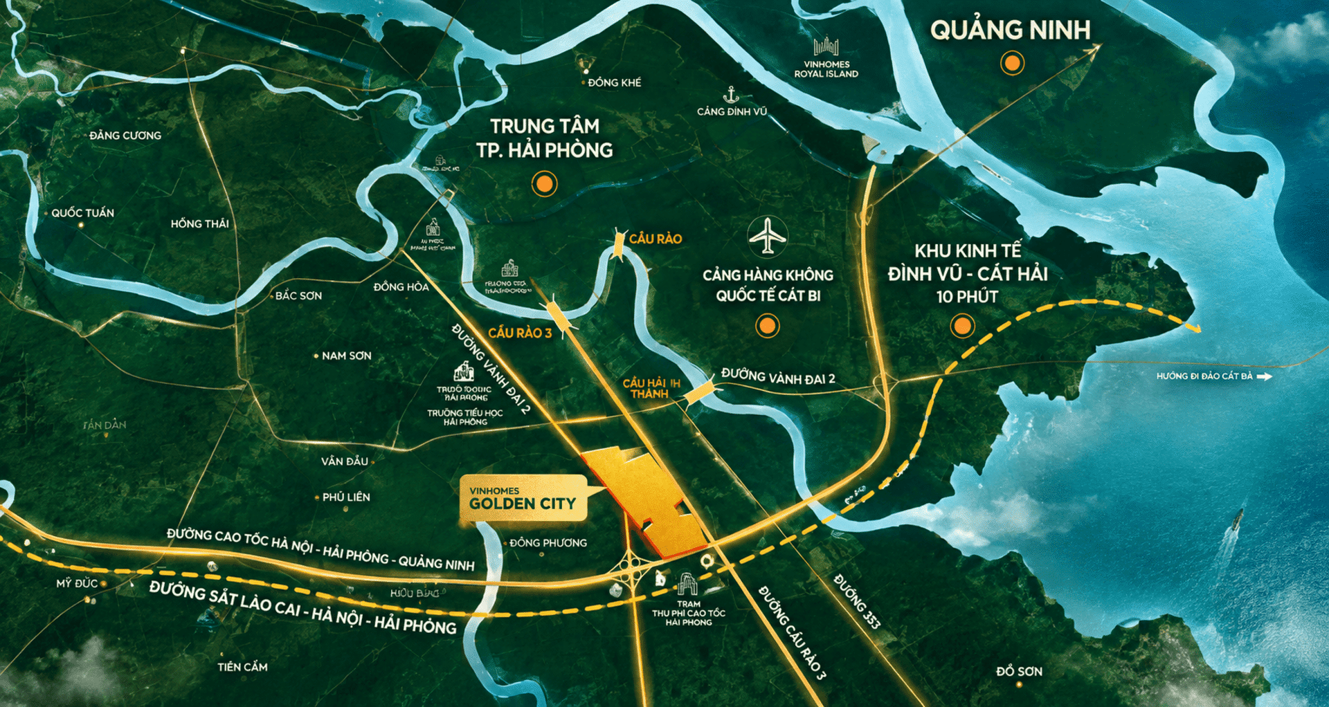 Vị trí đắc địa của dự án Vinhomes Golden City sở hữu khả năng kết nối giao thông hoàn hảo, dễ dàng di chuyển đến các trục đường huyết mạch, trung tâm hành chính và chuỗi tiện ích ngoại khu hiện đại. Dự án Vinhomes Golden City Dương Kinh tọa lạc tại Phường Hòa Nghĩa (Quận Dương Kinh) & Xã Đông Phương, Đại Đồng (Huyện Kiến Thụy), TP. Hải Phòng